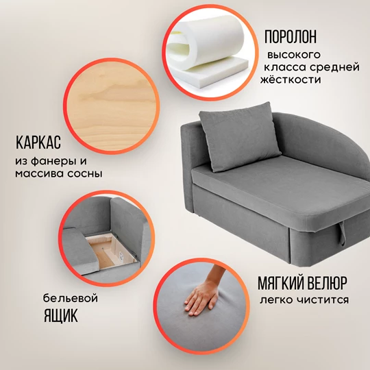 Диван-кровать правая 1050 серый Brendoss в Верхней Салде - verhnyaya-salda.mebel-e96.ru